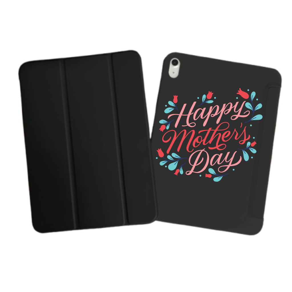 iPad Tablet Hoes Cursive Happy Mother's Day Typography with Flowers (Samsung Galaxy Tab serie, Zwart)