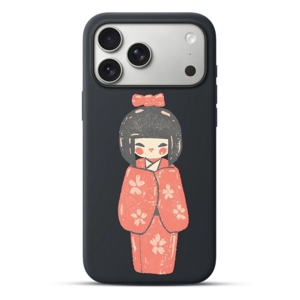 Telefoonhoesjen Textured Woodblock Print Kokeshi (Apple iPhone serie, Zwart)